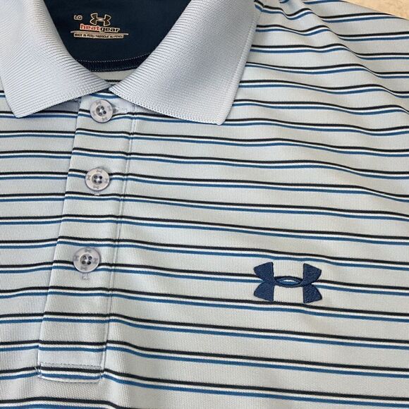 Under Armour Heat Gear Polo Shirt Mens Large Baby Blue Stripes Short Sleeve Golf - Picture 3 of 8